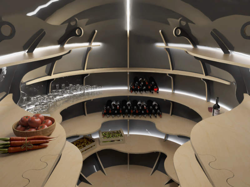 coolcubby Erdkeller von Innen mit eleganten dunklen Wänden und Beleuchtung