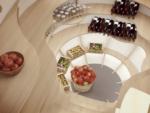 coolcubby Erdkeller von innen mit vollem Apfelkorb und Weinregal